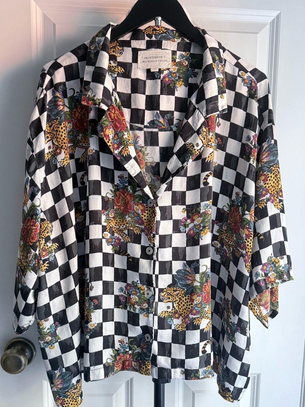 Printfresh Black & White Checkerboard Floral Leopard Button-Up Shirt